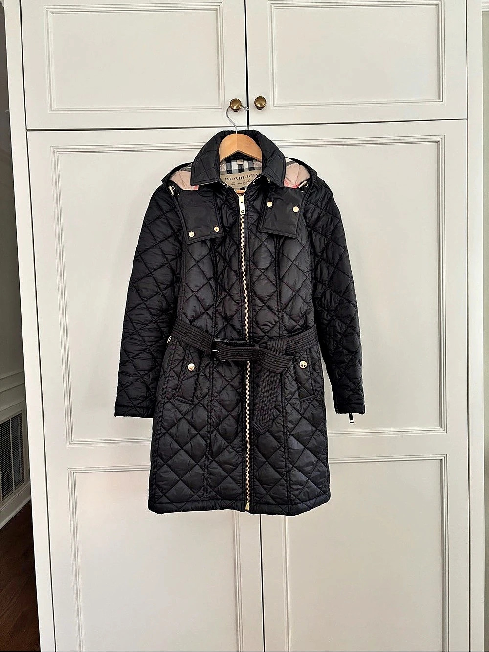 Burberry London England Quilted Hooded Trench Coat in Black